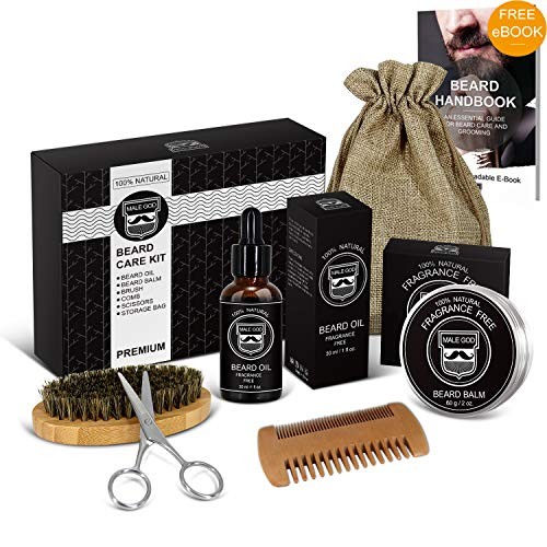 Beard Care Kit, Beard Grooming Kit with Natural Organic Beard Oil and Beard Balm, Wooden Beard Brush and Comb, Beard Scissors, Luxury Gift Box and Free eBook, Perfect Gifts for Men