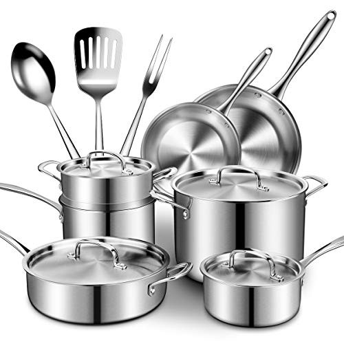 Stainless Steel Cookware Set 14-Piece, CUSINAID Professional Tri- Ply Pans and Pots Set- Fry Pan, Sauce Pan, Stock Pot with Lids for Stovetops/Induction, Dishwasher/Oven Safe/Toxin Free/Rustproof