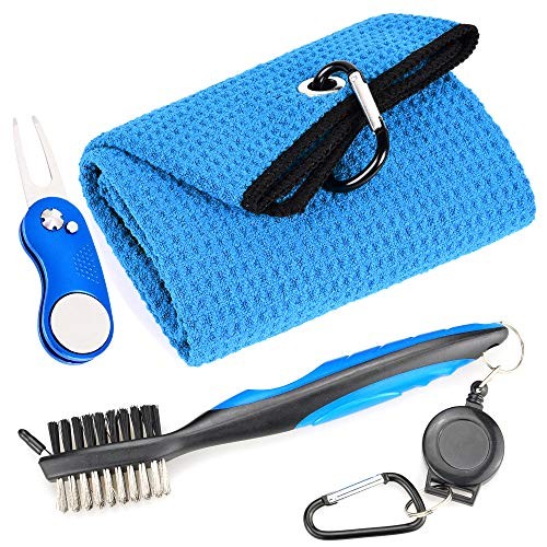 Mile High Life Microfiber Waffle Pattern Golf Towel | Club Groove Cleaner Brush | Foldable Divot Tool with Magnetic Ball Marker (Blue Towel/Brush/Curve Divot)