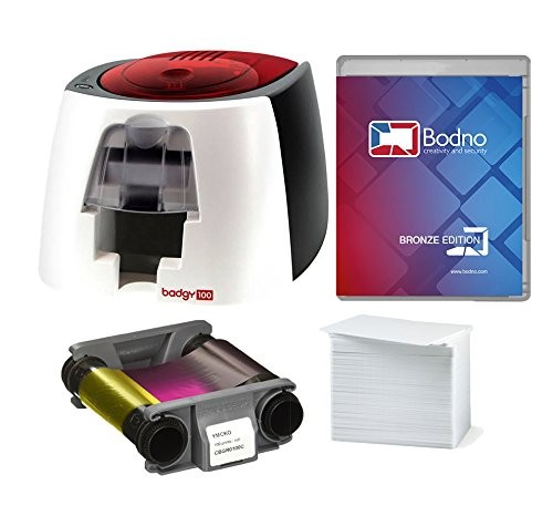 Badgy100 Color Plastic ID Card Printer with Complete Supplies Package with Bodno ID Software