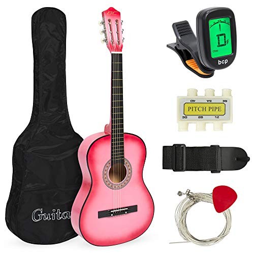 Best Choice Products 38in Beginner Acoustic Guitar Starter Kit w/ Case, Strap, Digital E-Tuner, Pick, Pitch Pipe, Strings - Pink