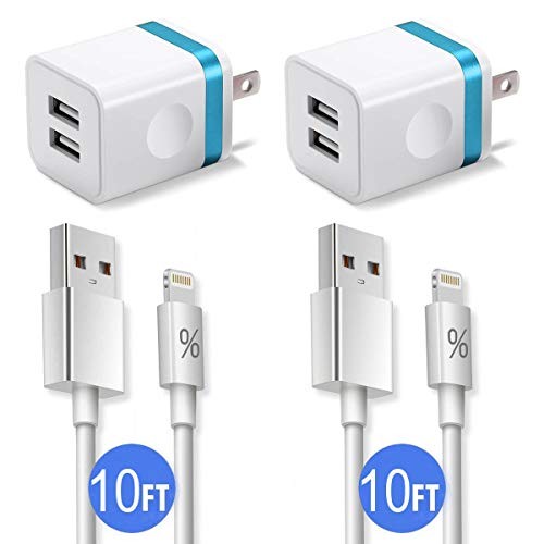 Phone Charger 10ft with Plug (4-in-1), FIMARR Dual USB Wall Charger Adapter Block with 2-Pack Charging Cable 10-Feet Compatible with Phone XS/Max/XR/X 8/7/6 Plus SE/5S/5C (UL Certified)