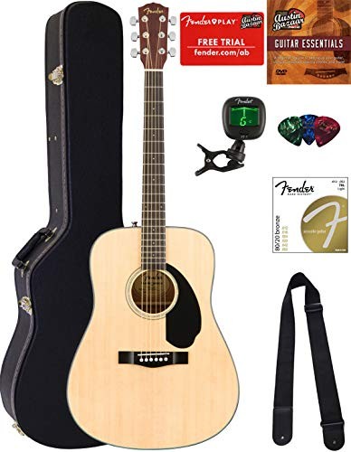 Fender CD-60S Solid Top Dreadnought Acoustic Guitar - Natural Bundle with Hard Case, Tuner, Strap, Strings, Picks, Austin Bazaar Instructional DVD, and Polishing Cloth