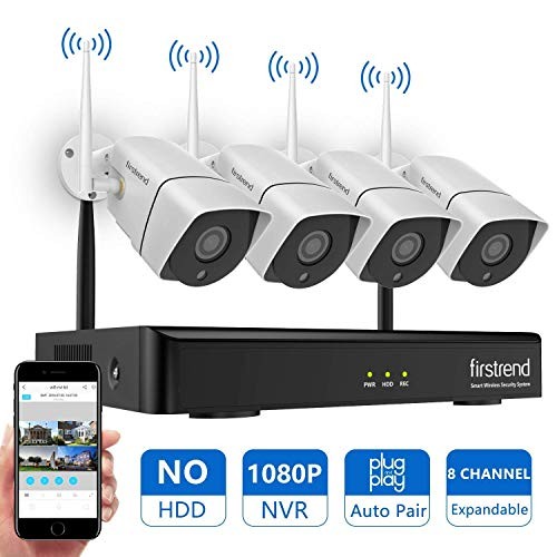 [Newest] Wireless Security Camera System, Firstrend 8CH 1080P Wireless NVR System with 4pcs 1.3MP IP Security Camera with 65ft Night Vision and Easy Remote View,P2P CCTV Camera System(No Hard Drive)