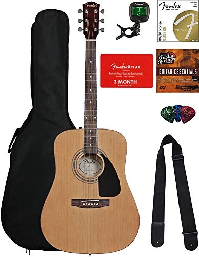 Fender FA-115 Dreadnought Acoustic Guitar - Natural Bundle with Fender Play Online Lessons, Gig Bag, Tuner, Strings, Strap, Picks, and Austin Bazaar Instructional DVD