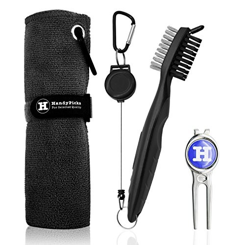 Handy Picks Microfiber Golf Towel (16" X 16") with Carabiner, Club Brush, Golf Divot Repair Tool with Ball Marker - Golf Accessories, Ideal for Golfers - 3 in 1 Golf Cleaning Kit (Pack of 3, Black)