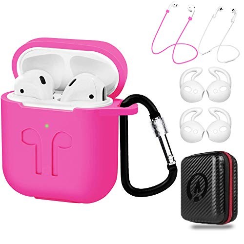 AirPods Case 7 in 1 for Airpods 1&2 Accessories Kits Protective Silicone Cover for Airpod Gen1 2 (Front Led Visible) with 2 Ear Hook /2 Staps/1 Clips Tips Grips/1 Zipper Box Rose Red (amasing)