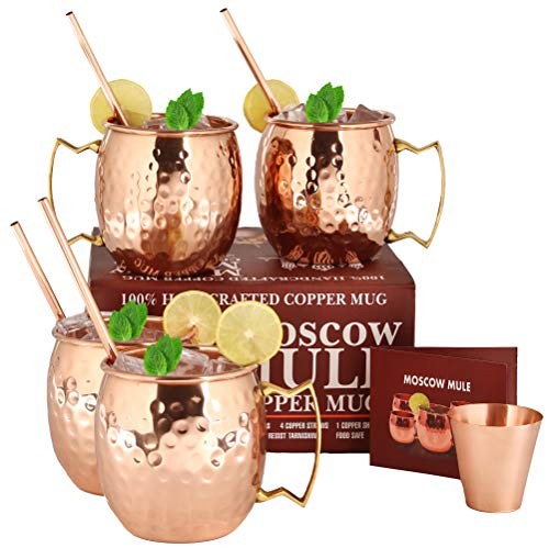 Moscow Mule Copper Mugs - Set of 4-100% HANDCRAFTED Food Safe Pure Solid Copper Mugs - 16 oz Gift Set with BONUS: Highest Quality 4 Cocktail Copper Straws and 1 Shot Glass with Recipe Booklet!