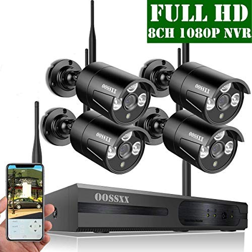 【2020 Update】HD 1080P 8-Channel Outdoor Wireless Security Camera System,4 pcs 1080P 2.0Megapixel Wireless IP67 Weatherproof Bullet IP Cameras,Plug Play,70FT Night Vision,P2P,App, No Hard Drive