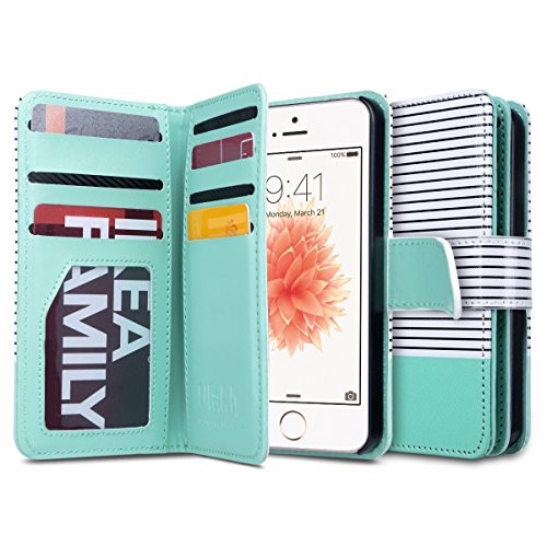 ULAK Flip Wallet Case for iPhone SE/5S/5, Fashion PU Leather Magnet Wallet Flip Case Cover with Built-in Credit Card/ID Card Slots for 5s 5G 5 SE (Minimal Stripe Mint)