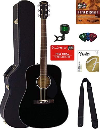 Fender CD-60S Solid Top Dreadnought Acoustic Guitar - Black Bundle with Hard Case, Tuner, Strap, Strings, Picks, Austin Bazaar Instructional DVD, and Polishing Cloth