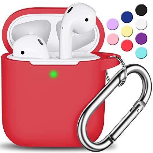 AirPods Case Cover with Keychain, Full Protective Silicone AirPods Accessories Skin Cover for Women Girl with Apple AirPods Wireless Charging Case,Front LED Visible-Red