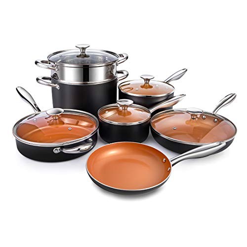 MICHELANGELO Copper Pots and Pans Set Nostick 12 Piece, Ultra Nonstick Copper Cookware Set with Ceramic Titanium Coating, Ceramic Pots and Pans Set Nonstick, Ceramic Cookware Set, OVEN Safe - 12 Piece