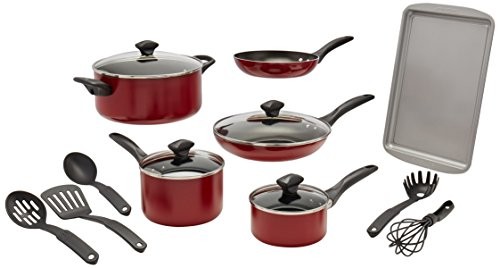 Farberware Dishwasher Safe Nonstick 15-Piece Cookware Set, Red