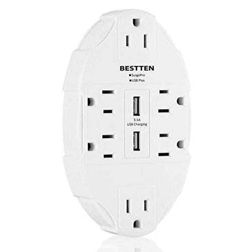 BESTTEN 6 Outlet Wall Tap Adapter with Dual USB Charging Ports (3.1 Amp in Total), Surge Protector Electrical Socket Splitter, ETL Listed, White