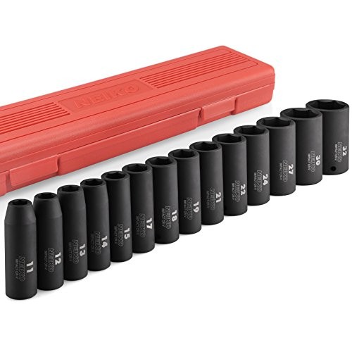 Neiko 02475A 1/2" Drive Deep Impact Socket Set, 14 Piece | 6 Point Metric Sizes (11-32 mm) | Cr-V Steel