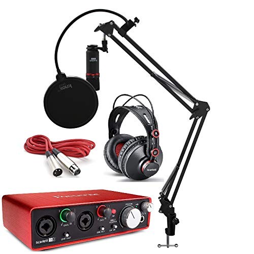 Focusrite Scarlett 2i2 Studio Audio Interface Recording Bundle with Headphones, Microphone, Knox Studio Stand, XLR Cable and Pop Filter