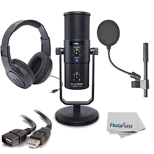 M-Audio Uber Mic USB Microphone with Headphone Output & Samson Headphones + Pop Filter, Cables & Microfiber Clean Cloth