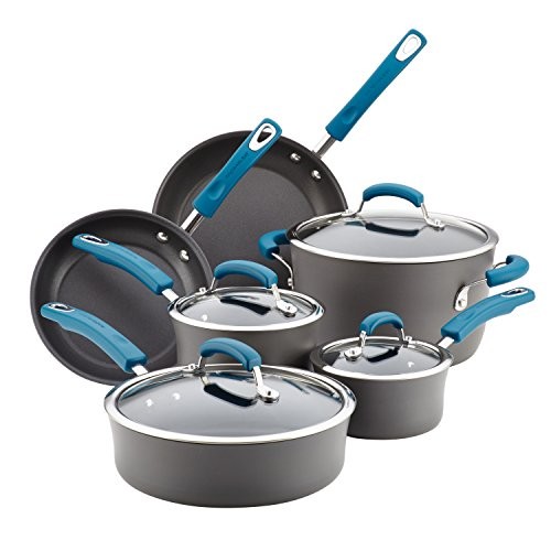 Rachael Ray Hard-Anodized Aluminum Nonstick Cookware Set, 10-Piece, Gray with Marine Blue Handles - 87650