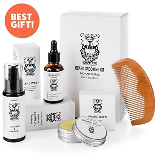 Beard & Mustache Grooming Kit for men - Ultimate Care Kit for Grow Beard - 100% Natural Comb, Oil, Balm, Conditioner for Beard - Mens Set for Softener to beard- Gift Set For Men