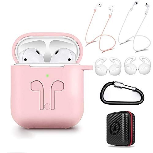 AMASING AirPods Case 7 in 1 Airpods Accessories Kits Protective Silicone Cover for Airpod(Front led Not Visible) with Ear Hook Grips/Airpods Staps/Clips/Skin/Tips/Grips Pink