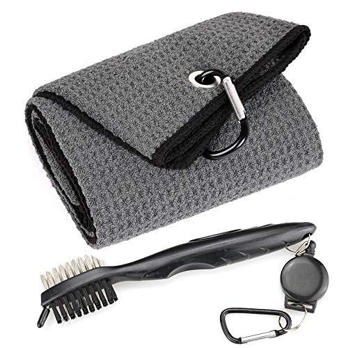 Mile High Life Microfiber Waffle Pattern Tri-fold Golf Towel | Brush Tool Kit with Club Groove Cleaner, Retractable Extension Cord and Clip (Dark Gray Towel+Black Brush)