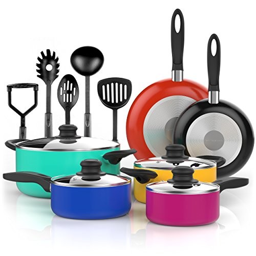 Vremi 15 Piece Nonstick Cookware Set - Durable Aluminum Pots and Pans with Cooking Utensils - Colorful Oven Safe and Multi Quart Enameled Saucepans Dutch Ovens and Fry Pans with Glass Lid