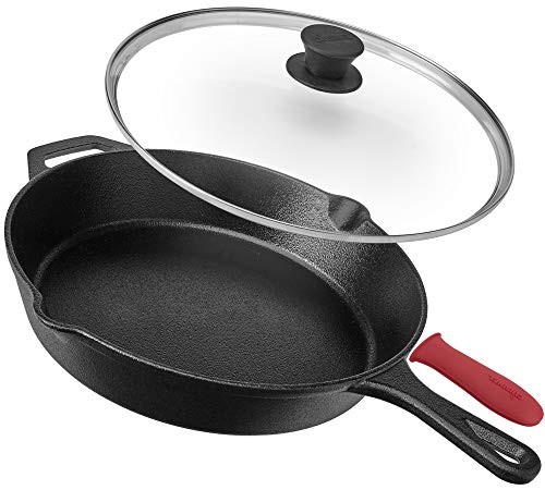 Pre-Seasoned Cast Iron Skillet (12-Inch) with Glass Lid and Handle Cover Oven Safe Cookware - Heat-Resistant Holder - Indoor and Outdoor Use - Grill, Stovetop, Induction Safe