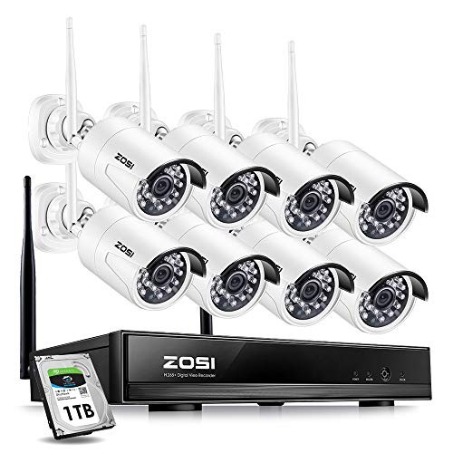 ZOSI Wireless Security Cameras System H.264+ 1080P 8 Channel Wireless NVR System 1TB Hard Drive with 8pcs Full HD 1080P 2.0MP Weatherproof Bullet IP CCTV Cameras, Smart Recording, Motion Detection