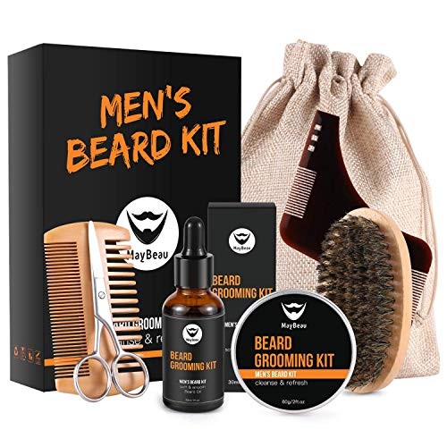 Maybeau Beard Kit for Men, Beard Grooming & Trimming Kit with 2oz Beard Styling Balm, 1oz Beard Oil, Beard Brush, Two-Side Comb, Scissors, Burlap Bag and Unique Beard Shaper for Beard Lovers