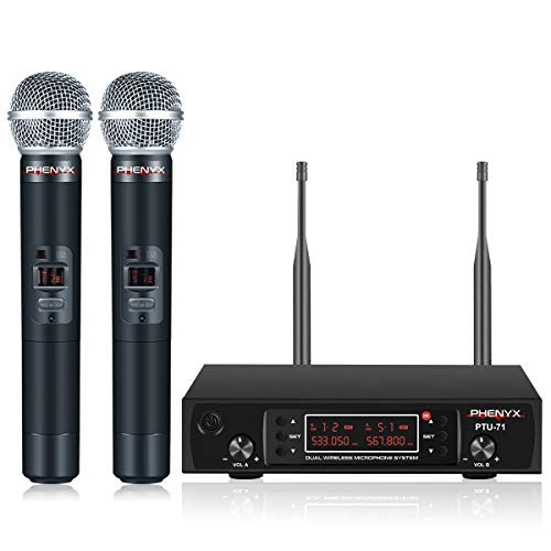 Wireless Microphone System, Phenyx Pro Dual UHF Cordless Mic Set with Handheld Mics, All Metal, 2x200 Channels, Interference-Free Long Distance Operation, Ideal for Karaoke, Church, Weddings(PTU-71A)