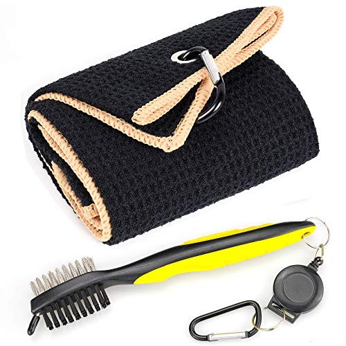 Mile High Life Microfiber Waffle Pattern Tri-fold Golf Towel | Brush Tool Kit with Club Groove Cleaner, Retractable Extension Cord and Clip (Black w/Yellow Towel+Yellow Brush)