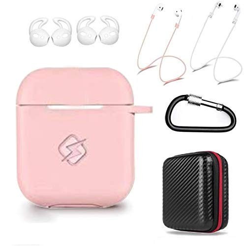 amasing AirPods Case 7 in 1 for Airpods 1&2 Accessories Kits Protective Silicone Cover for Airpod Gen1 2 (Front Led Visible) with 2 Ear Hook /2 Staps/1 Clips Tips Grips/1 Zipper BoxPink