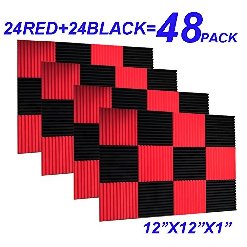 48 Pack Black red 1" x 12" x 12" Acoustic Wedge Studio Foam Sound Absorption Wall Panels