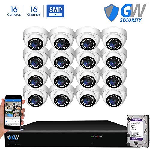 GW Security 16 Channel 4K NVR 5 Megapixel H.265 Security Camera System, 16 Built-in Microphone Audio Recording HD 1920P IP PoE Dome Cameras, QR-Code Connection