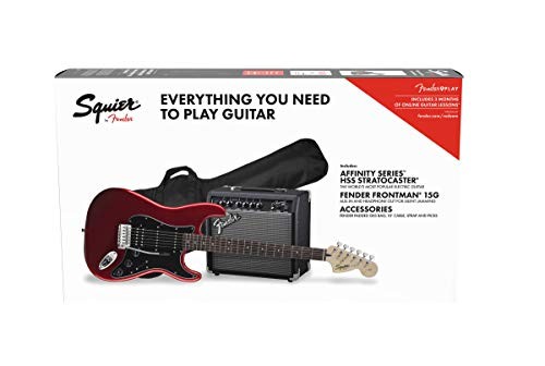 Squier by Fender Affinity Stratocaster Beginner Pack, Laurel Fingerboard, Candy Apple Red, with Gig Bag, Amp, Strap, Cable, Picks, and Fender Play