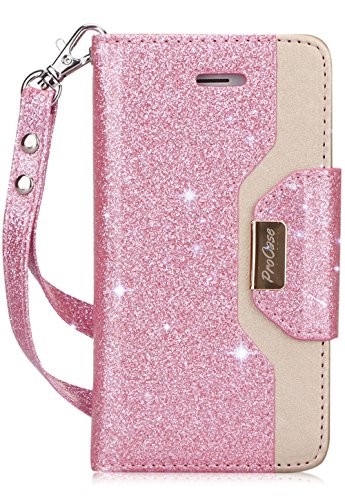 iPhone SE / 5S Case Cover, ProCase Wallet Flip Case, with Wristlet Strap, Build-in Card Slots and Mirror, Stylish Slim Stand Cover for Apple iPhone SE / 5S (Glitterpink)