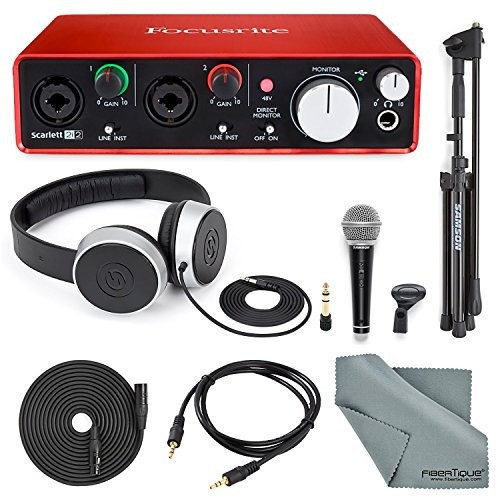 Focusrite Scarlett 2i2 USB Audio Interface (2nd Generation) with Deluxe Accessory Bundle Including Samson VP10X- Microphone Value Pack, Samson Studio Headphones, and an Auxiliary Cable