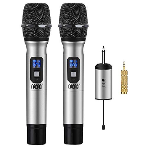 TONOR Metal Wireless Microphone System Handheld UHF 25 Channel with Mini Receiver 1/4" Output for Family Karaoke Party/PA Systems/Stage/Church/Business Meeting, Silver