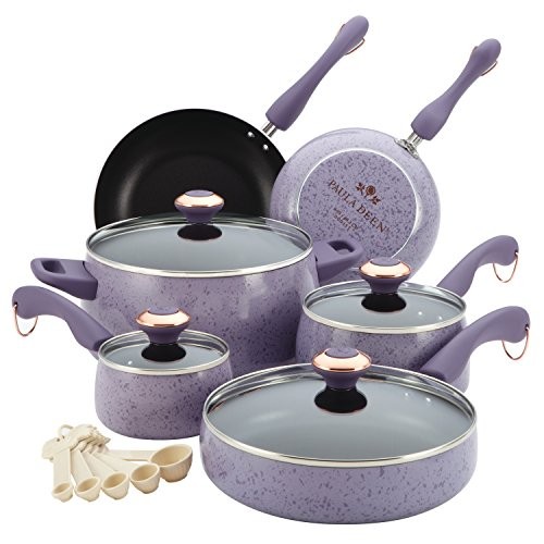 Paula Deen Signature Collection Porcelain Nonstick 15-Piece Pots and Pans Cookware Set, Lavender Speckle