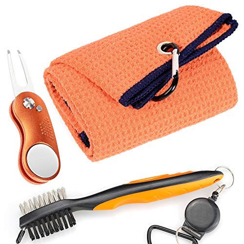 Mile High Life Microfiber Waffle Pattern Golf Towel | Club Groove Cleaner Brush | Foldable Divot Tool with Magnetic Ball Marker (Orange Towel/Brush/Curve Divot)