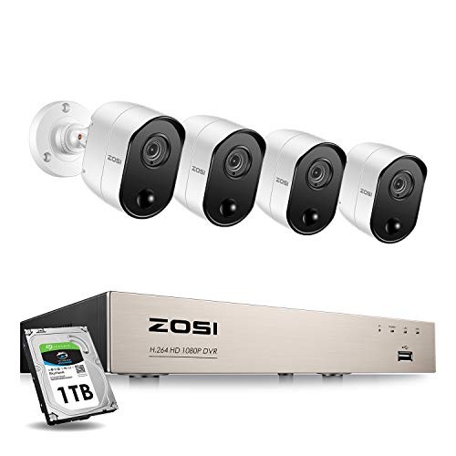 ZOSI 4CH 1080P Home Security System (4) 2.0MP Surveillance PIR Cameras with 1TB HDD Support PIR Motion Detection Weatherproof Remote Access