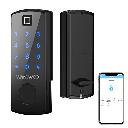 5-in-1 Fingerprint Lock, Wandwoo Smart Door Lock with Bluetooth Secure Finger ID Card Swipe Mechanical Keys Enabled Anti-peep Code Auto Lock Free APP for Home Office