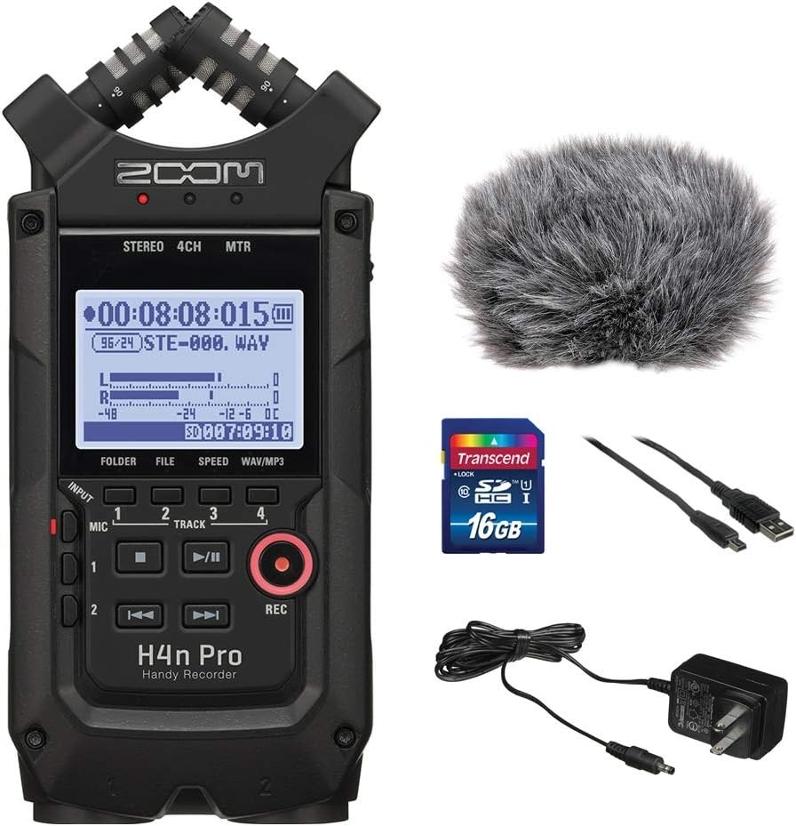 Zoom H4n Pro All Black 4-Track Portable Recorder (2020 Model) with Zoom AD-14 AC Adapter, Windbuster, 16GB Memory Card & USB Cable Bundle 