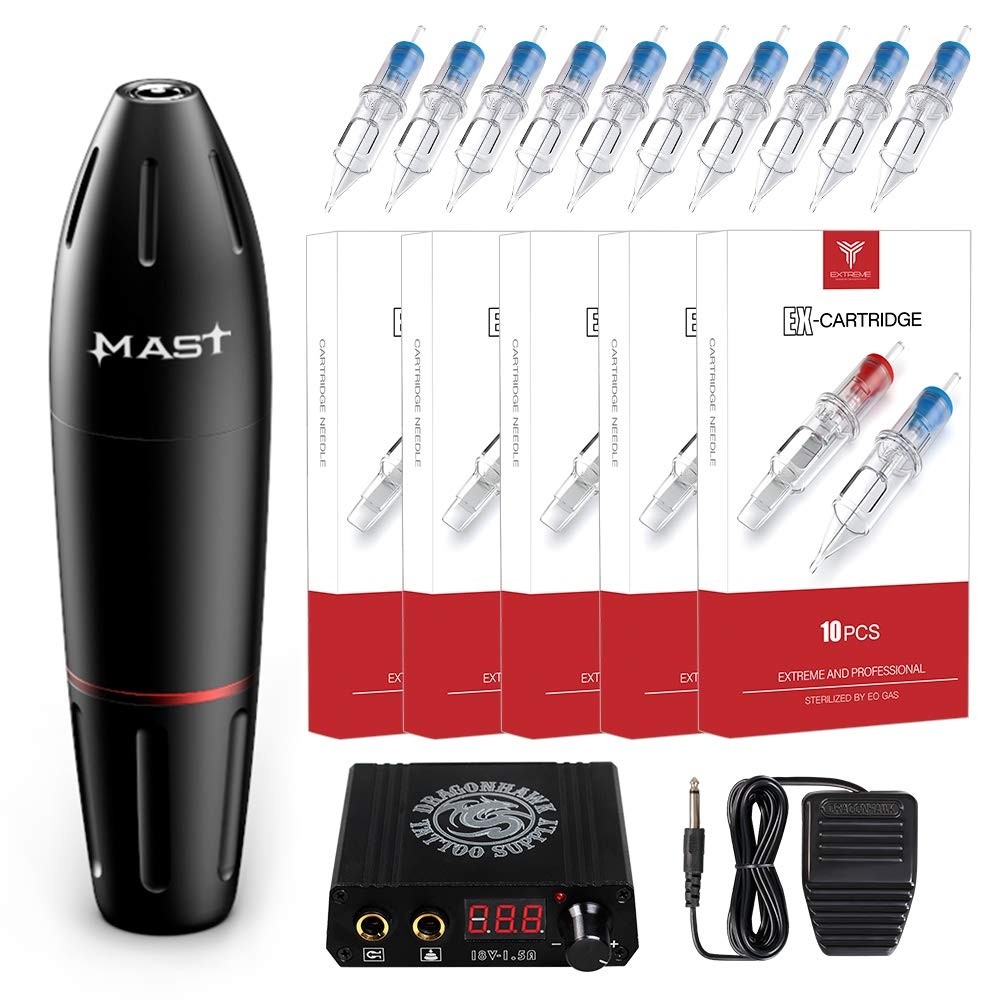 Dragonhawk Rotary Tattoo Pen Machine Kit Mast Gun 50pcs Mixed Sizes Cartridges Needles Power Supply Custom Motor All Beginners 102-50P (K2 Pen Kit)