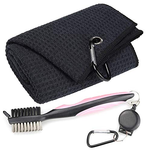 Mile High Life Microfiber Waffle Pattern Tri-fold Golf Towel | Brush Tool Kit with Club Groove Cleaner, Retractable Extension Cord and Clip (Black Towel+Pink Brush)