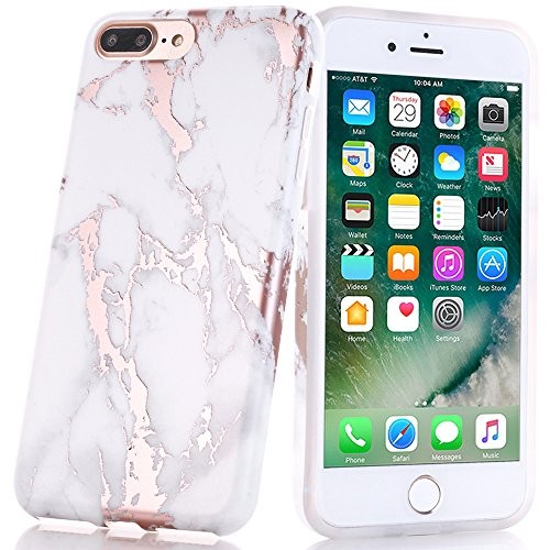 BAISRKE Shiny Rose Gold White Marble Design Clear Bumper Matte TPU Soft Rubber Silicone Cover Phone Case Compatible with iPhone 7 Plus iPhone 8 Plus [5.5 inch]