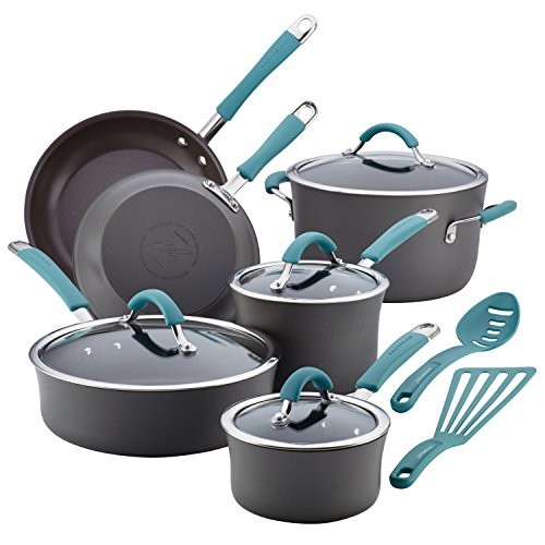 Rachael Ray Cucina Hard-Anodized Aluminum Nonstick Pots and Pans Cookware Set, 12-Piece, Gray, Agave Blue Handles