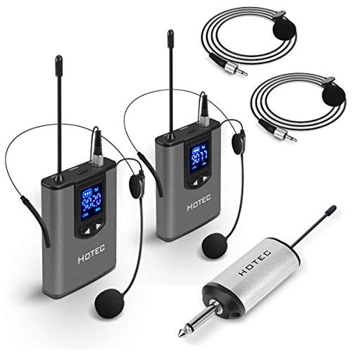 Hotec Wireless System with Dual Headset Microphones/Lavalier Lapel Mics and Bodypack Transmitters and One Mini Rechargeable Receiver 1/4" Output, for Live Performances