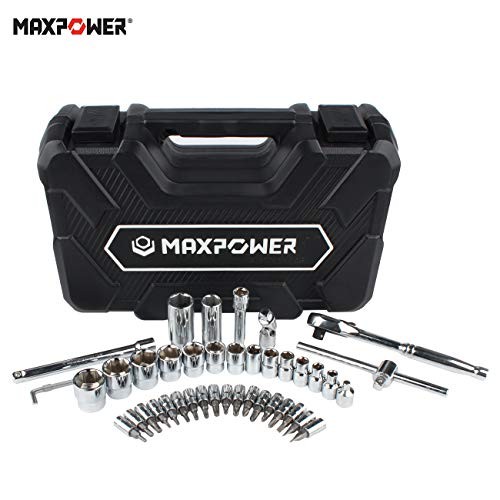 MAXPOWER 44-Piece Socket Wrench Set. 3/8-Inch Drive SAE Inch Sockets, Hex, Slotted, Philips, Pozidriv, Torx Bits Sockets, Ratchet Handle, Sliding T Bar, Universal Joint, Extension Bar, Spinner Handle